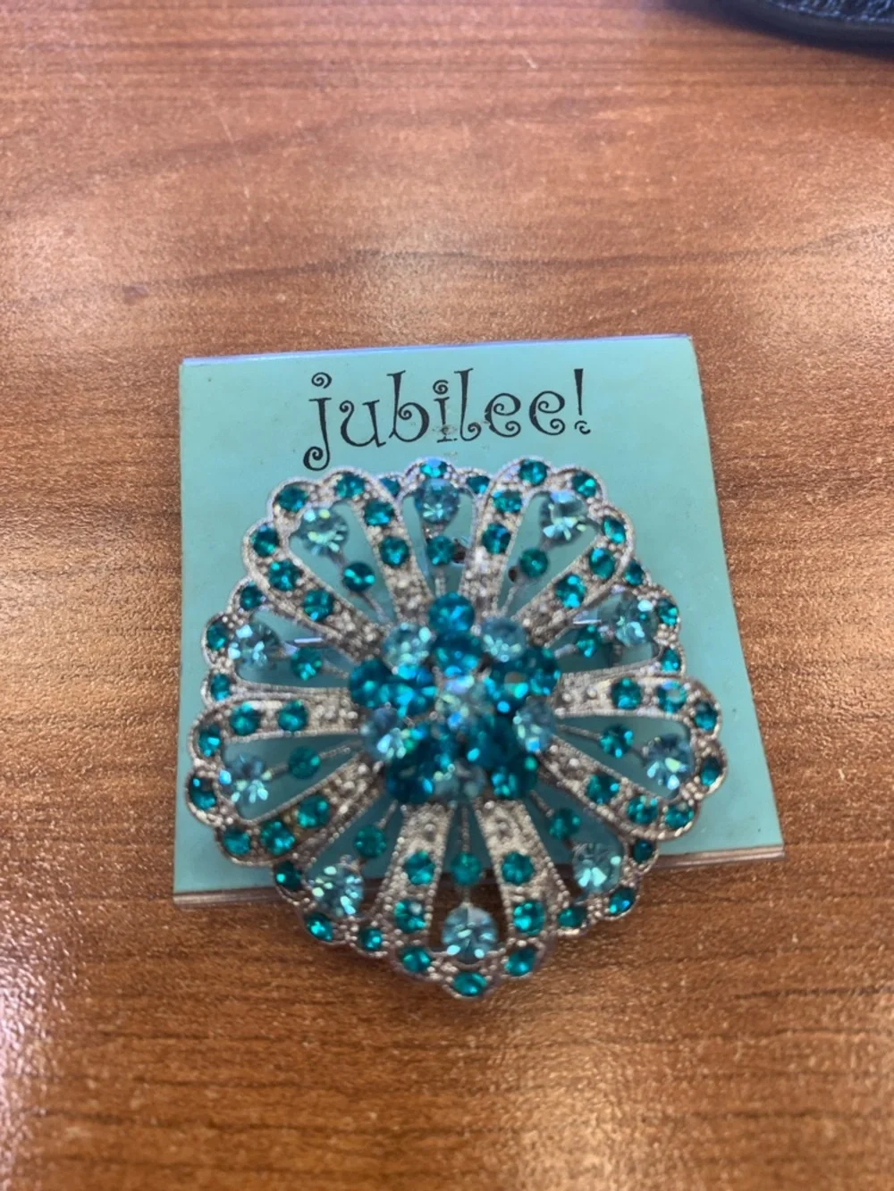 Jubilee Teal Crystal Floral Fan Brooch